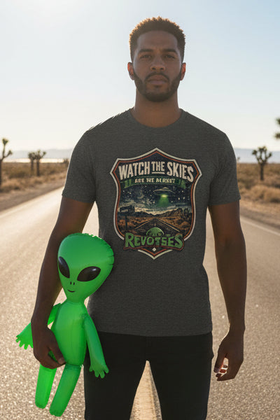 REVOTEES Watch the Skies T‑Shirt — “Are We Alone?” UFO Retro Graphic Tee