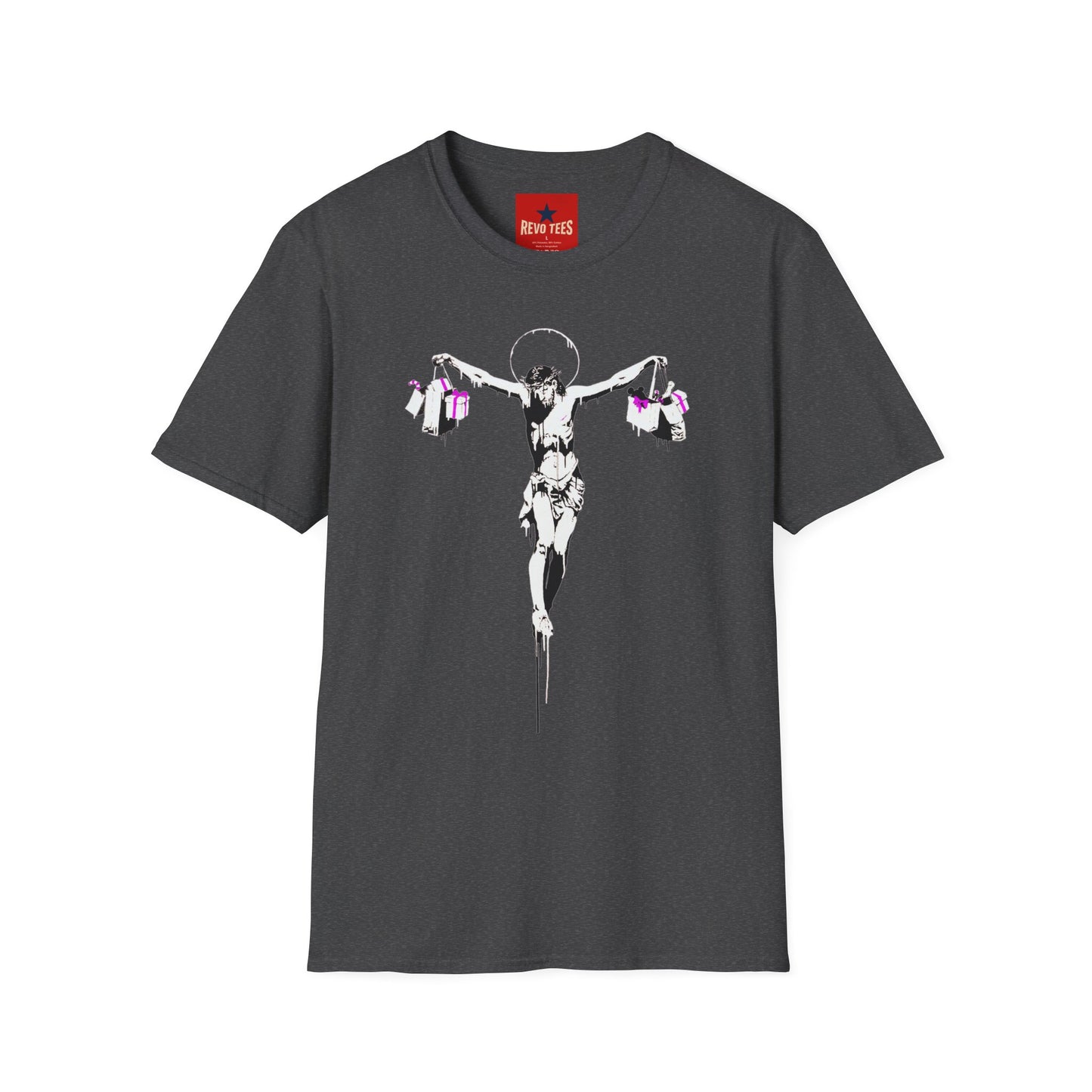 Banksy Crucifixion Balance Tee — Stenciled Jesus Holding Gift Bags Graphic T-Shirt