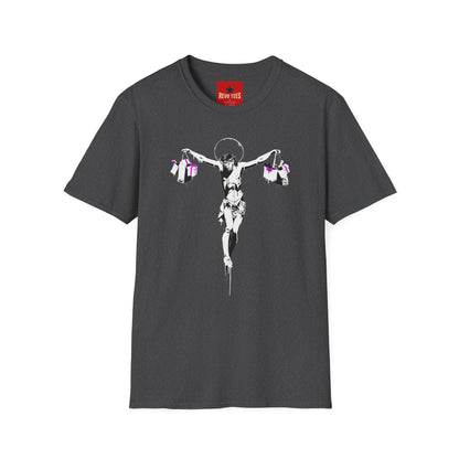Banksy Crucifixion Balance Tee — Stenciled Jesus Holding Gift Bags Graphic T-Shirt