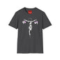 Banksy Crucifixion Balance Tee — Stenciled Jesus Holding Gift Bags Graphic T-Shirt