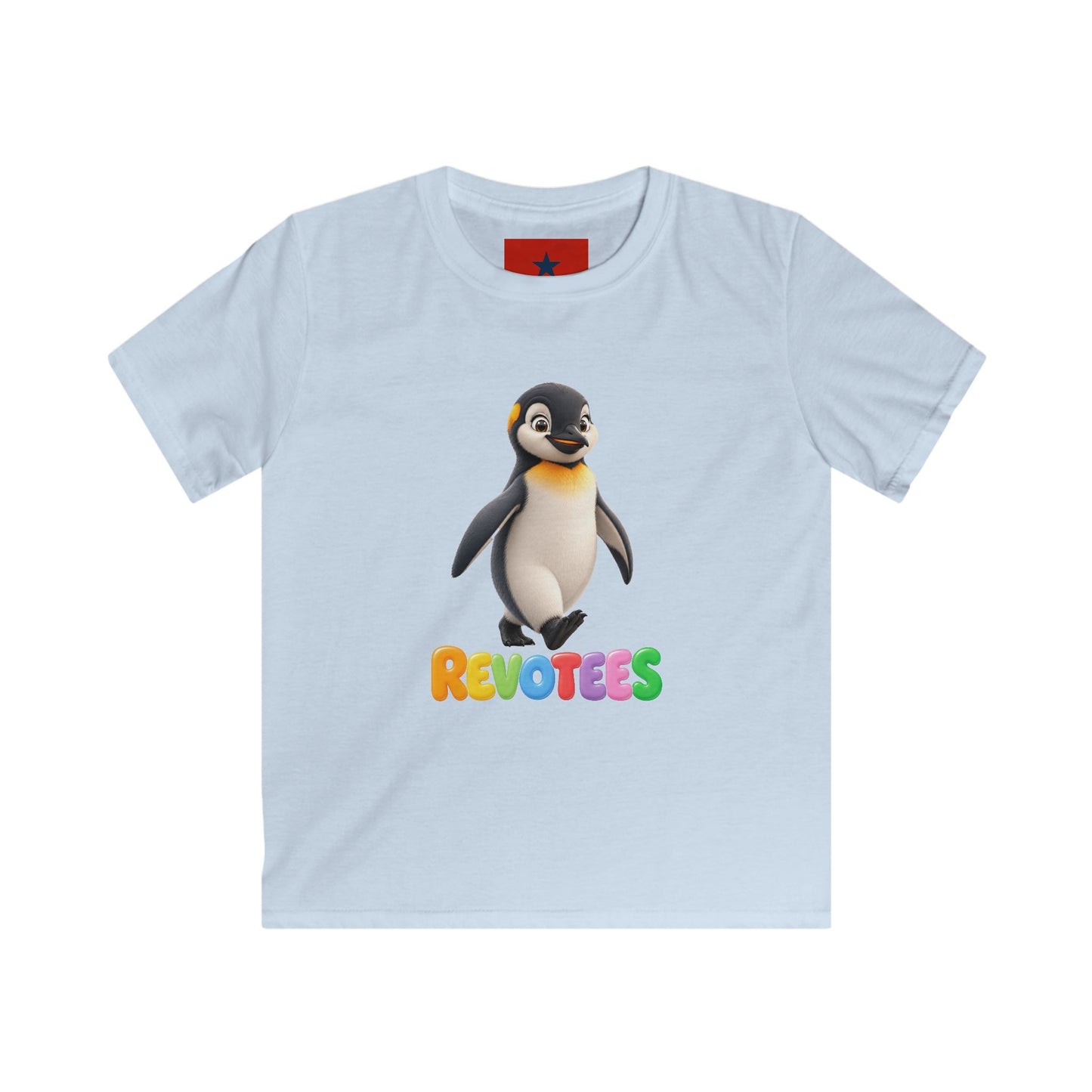 Kids Tee — Cute Pebble Penguin “REVOTEES” Colorful Logo