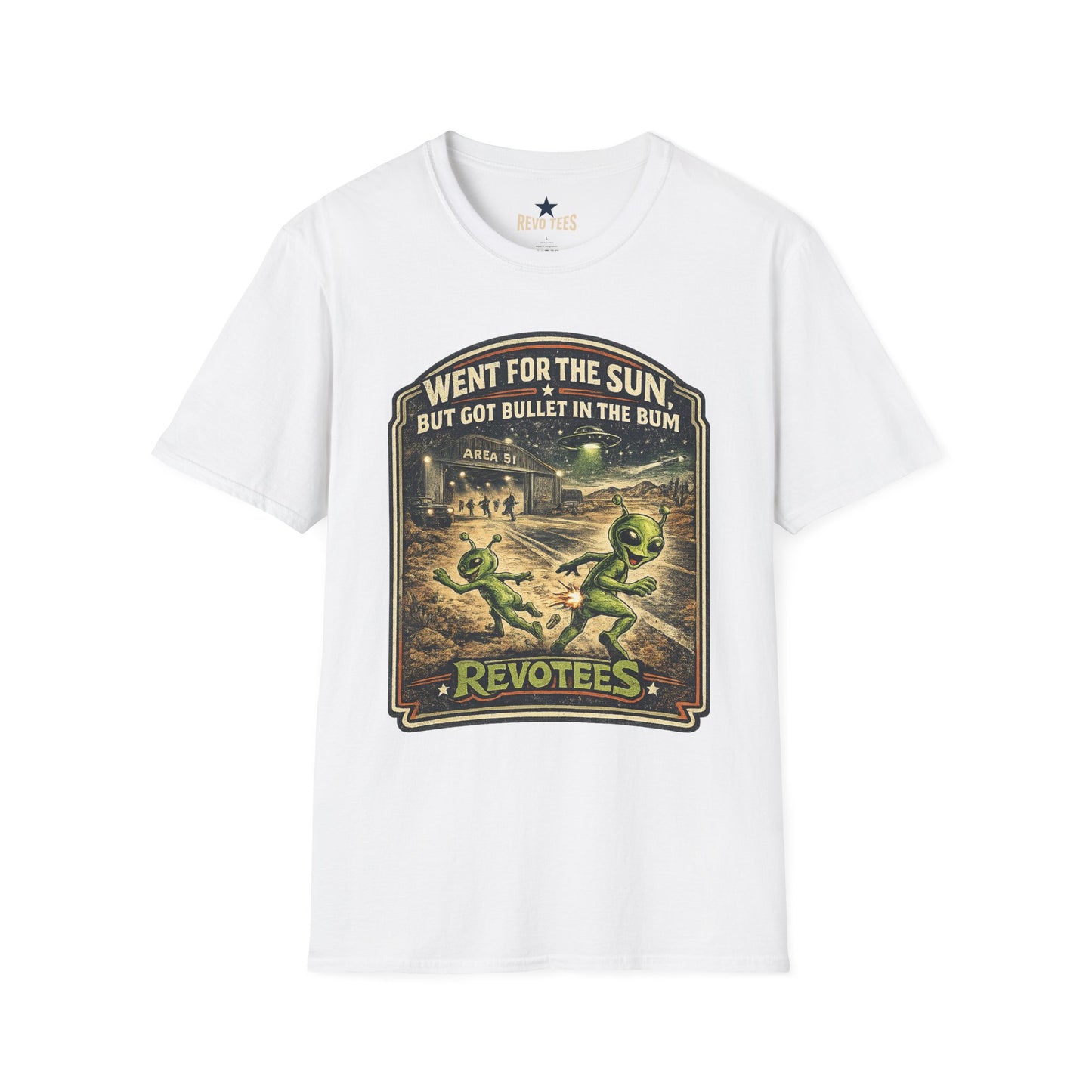 REVOTEES Alien Roadtrip Graphic Tee — "Went For The Sun But Got Bullet In The Bum"