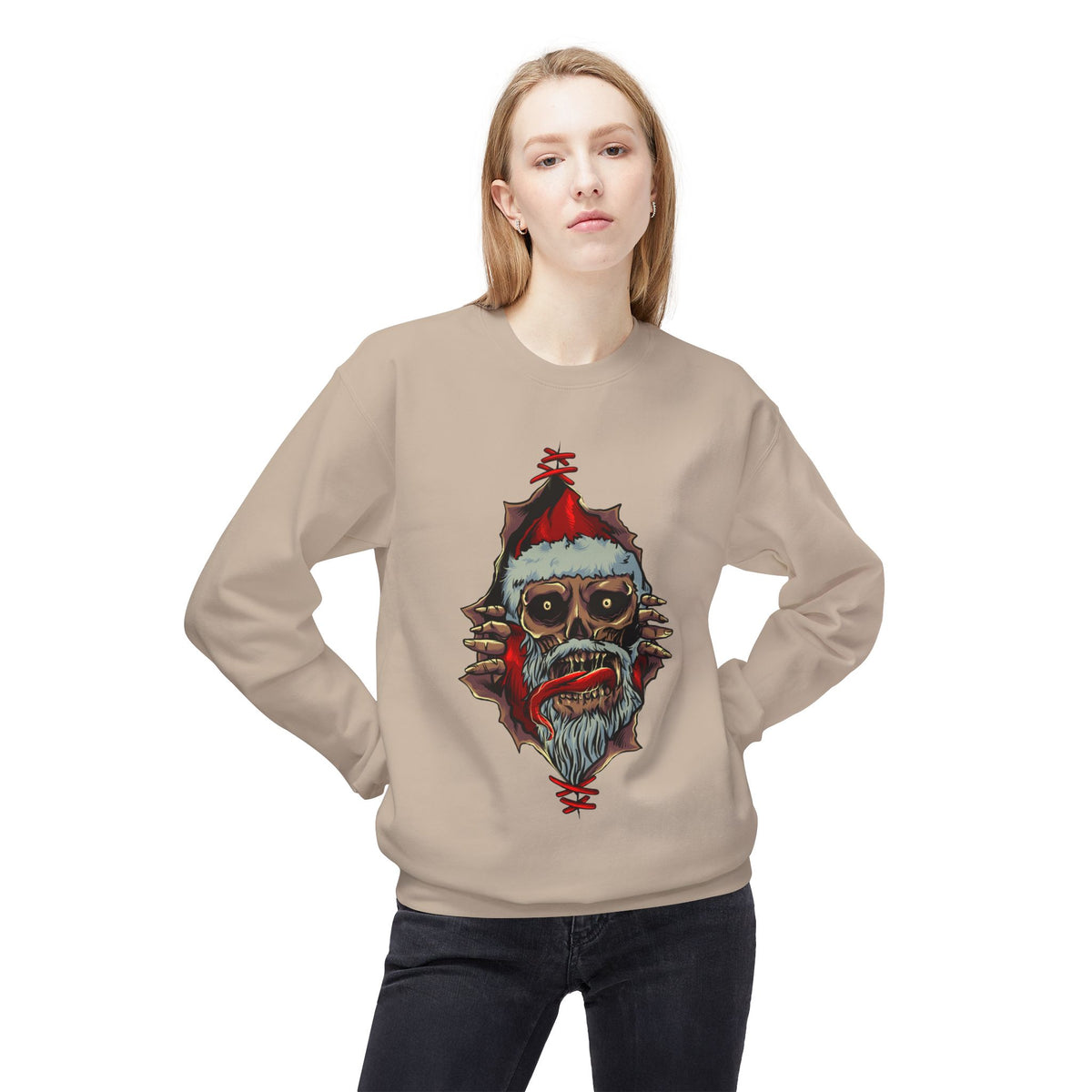 Skull Santa Crewneck Sweatshirt — Horror Christmas Graphic