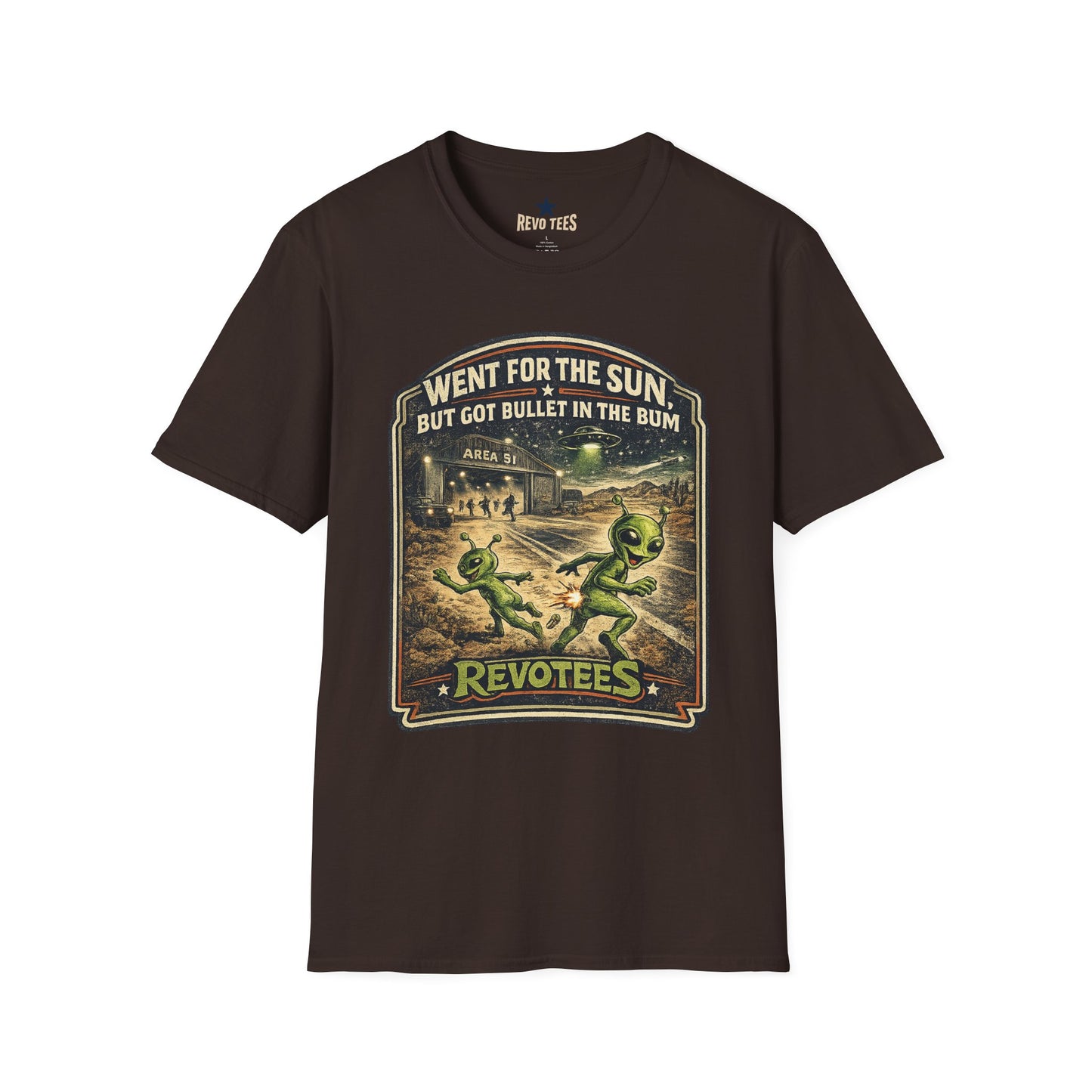REVOTEES Alien Roadtrip Graphic Tee — "Went For The Sun But Got Bullet In The Bum"
