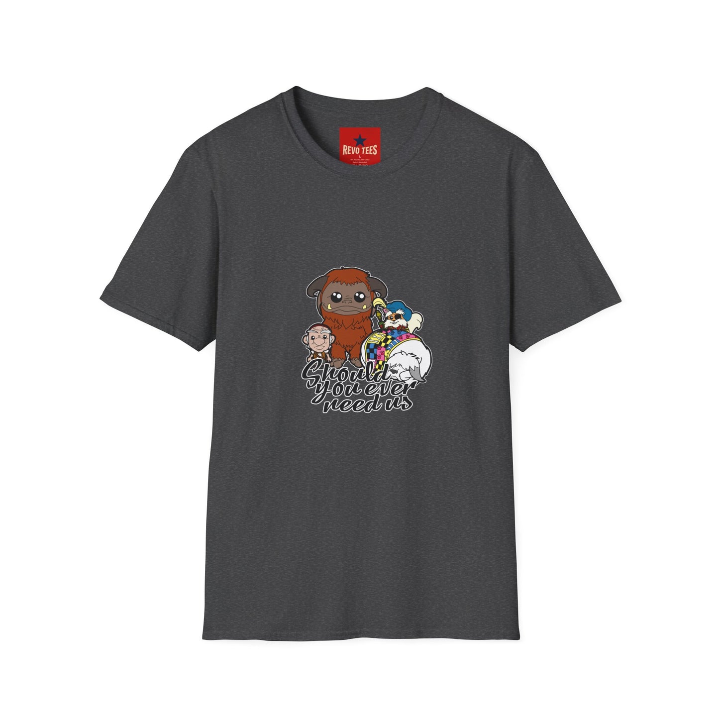 Cute Plush Creature T-Shirt — “Shoulder You Ever Need Us” Cartoon Group Tee