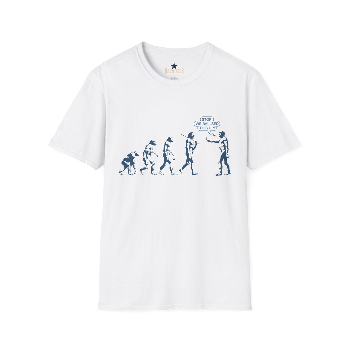 Revotees Evolution Funny Stop We Ballsed This Up Evolution Graphic T-Shirt - alternate view 2