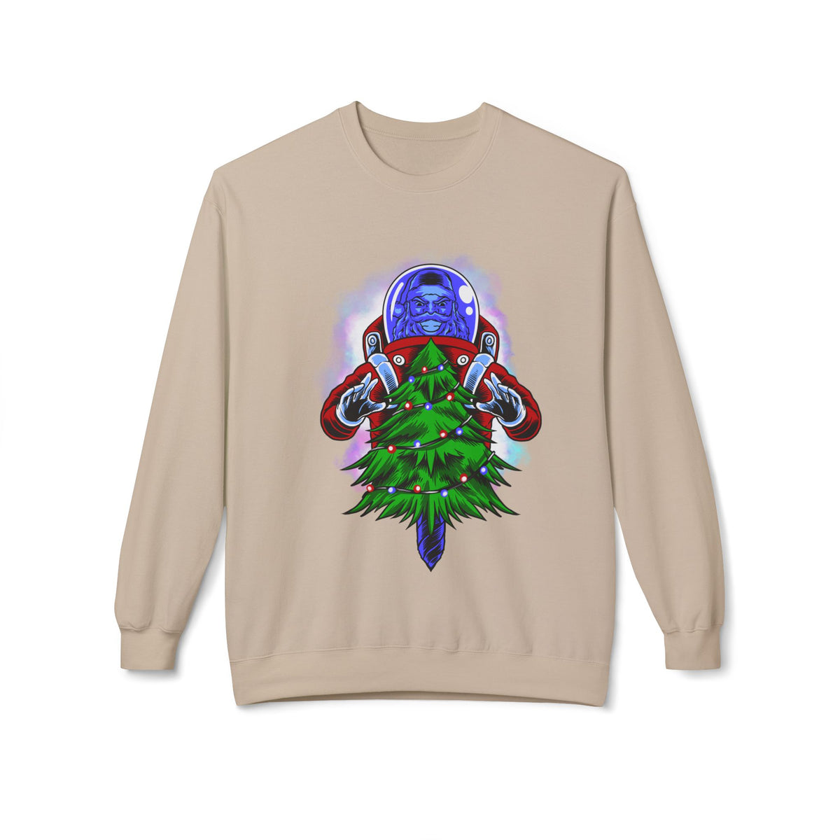 Astronaut Santa Pouncing on a Christmas Tree Crewneck Sweatshirt