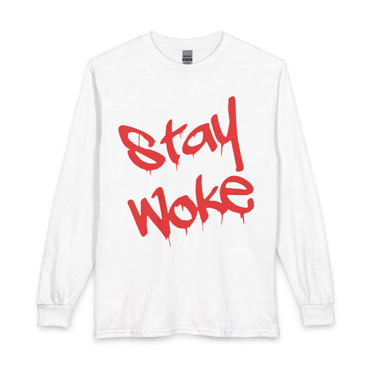 Stay Woke Long Sleeve Tee – Red Blood Graffiti Script Shirt