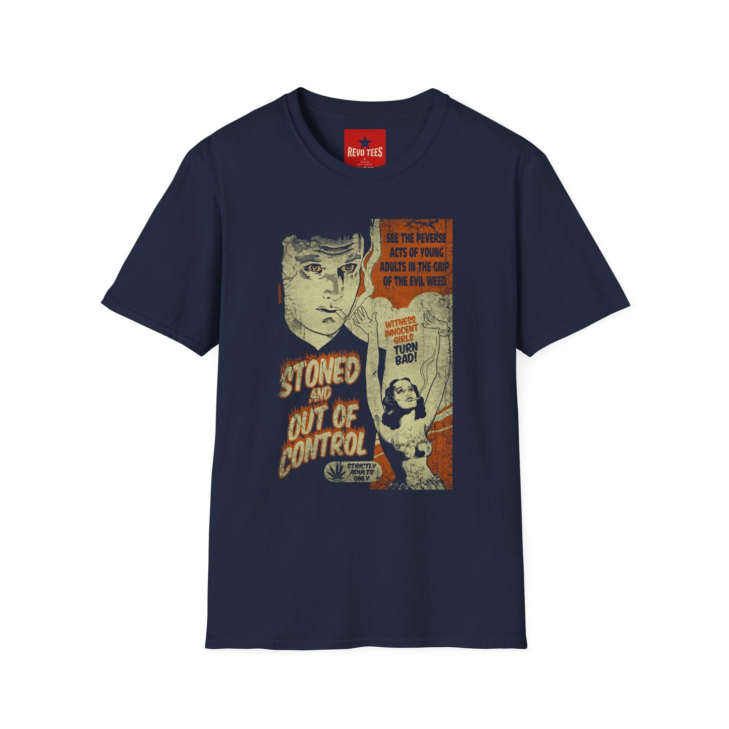 Vintage Anti-Drug Poster Graphic T-Shirt — “Stoned and Out of Control” Retro Design