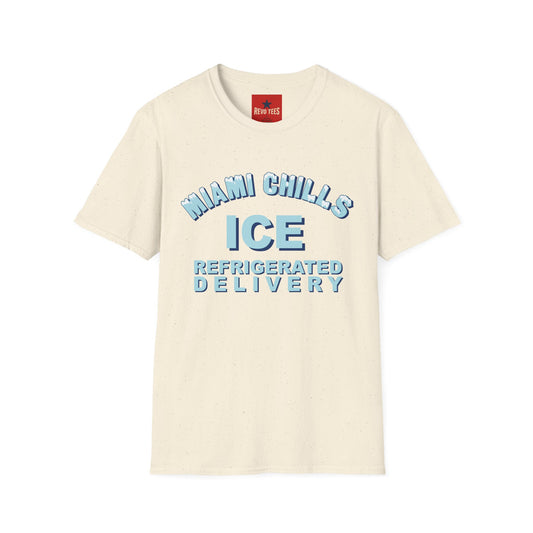 Miami Chills Ice Graphic T-Shirt — Retro Beach Vibes, Refrigerated Delivery Slogan