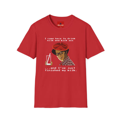 Graphic T‑Shirt — "I Came Here to Drink Milk and Kick Ass" Retro Pixel Design