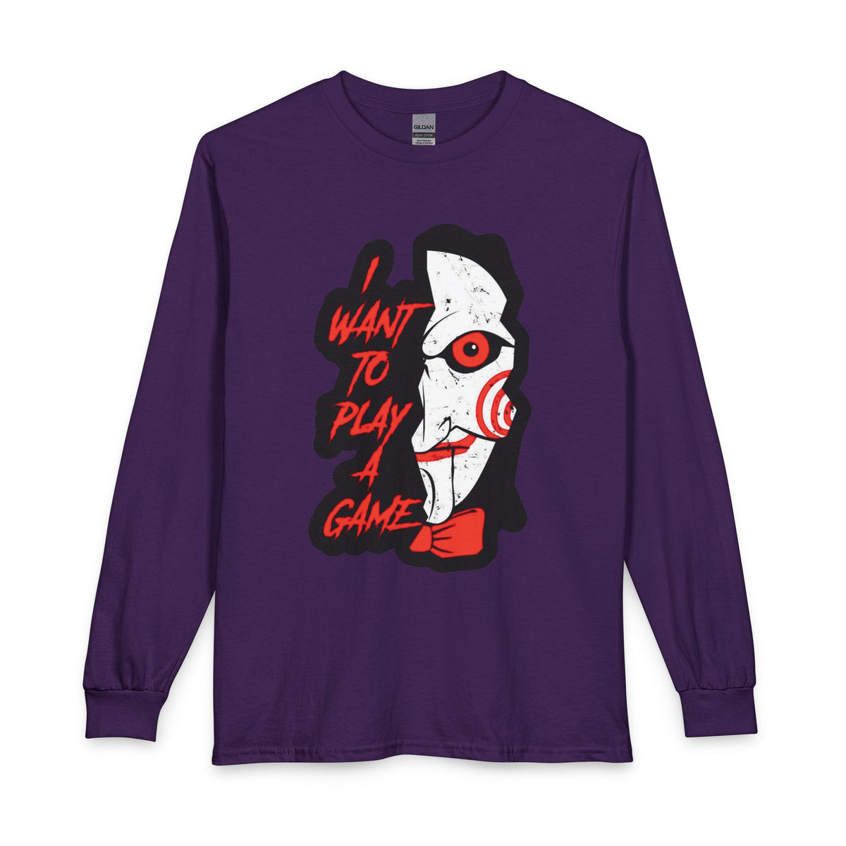 SAW - Horror Movie Long Sleeve Tee — "I Want to Play a Game" Jigsaw Puppet Graphic