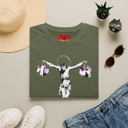 Banksy Crucifixion Balance Tee — Stenciled Jesus Holding Gift Bags Graphic T-Shirt
