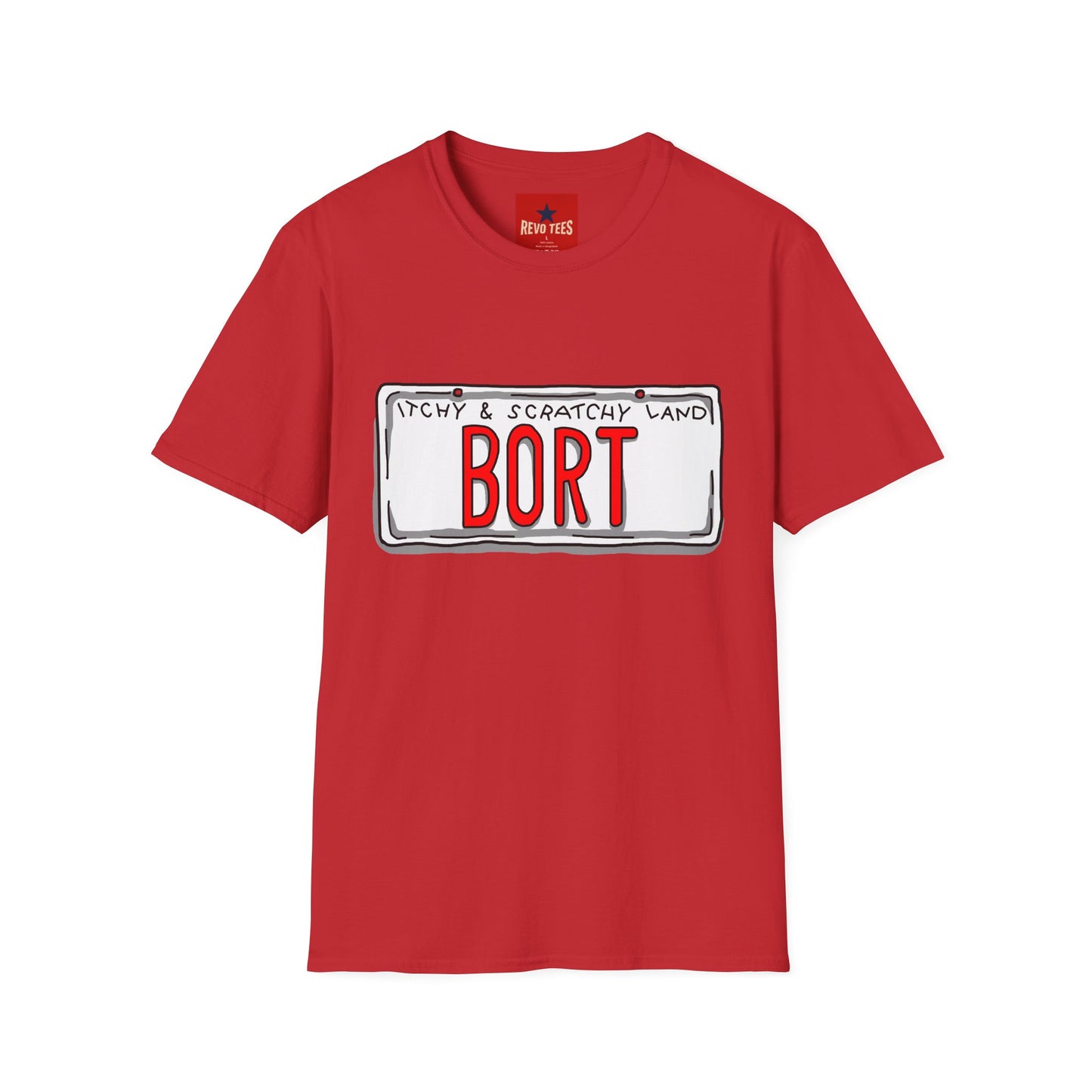 BORT License Plate T‑Shirt — 'Itchy & Scratchy Land' Retro TV Fan Tee