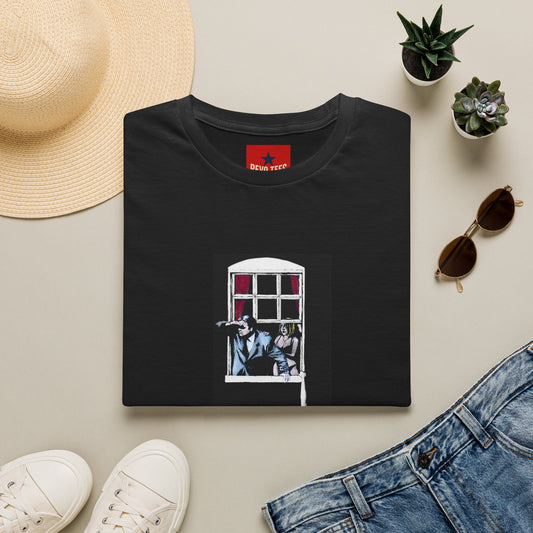 Banksy Window Watchers Graphic T-Shirt — Vintage Couple & Cat Illustration