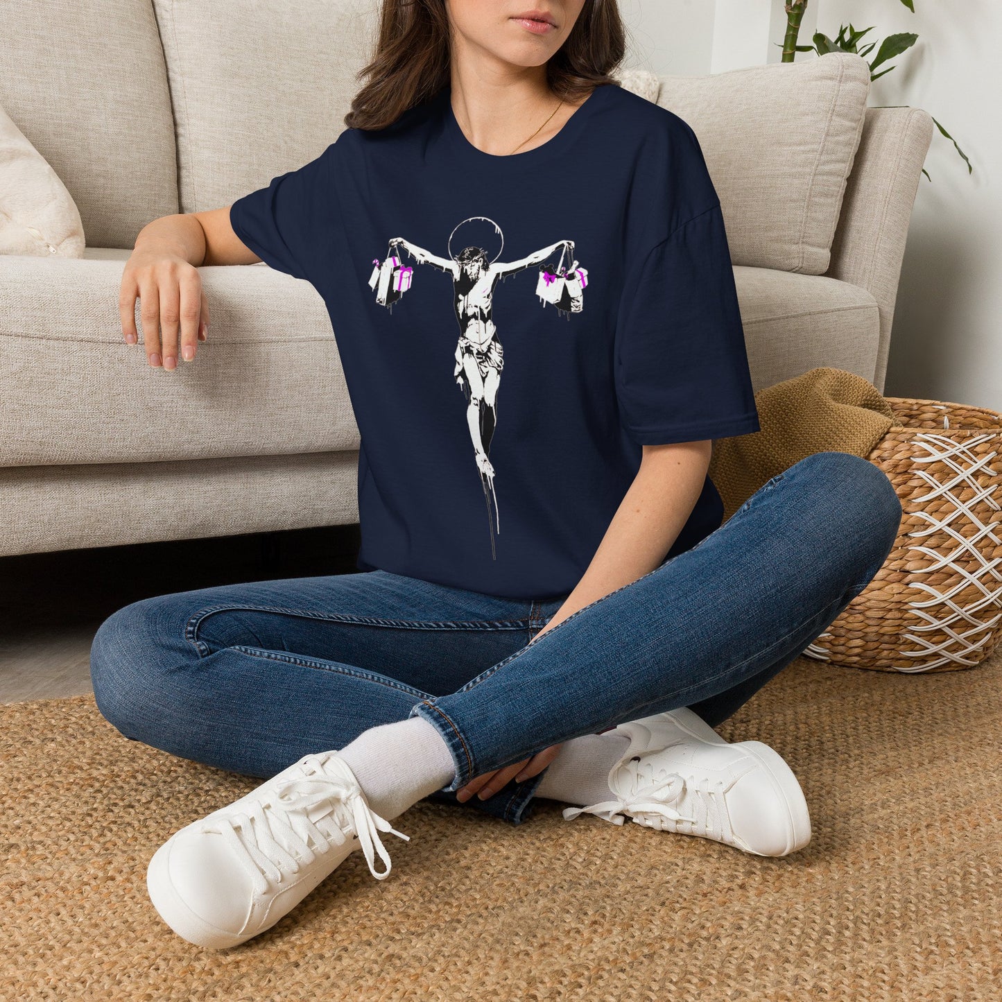 Banksy Crucifixion Balance Tee — Stenciled Jesus Holding Gift Bags Graphic T-Shirt