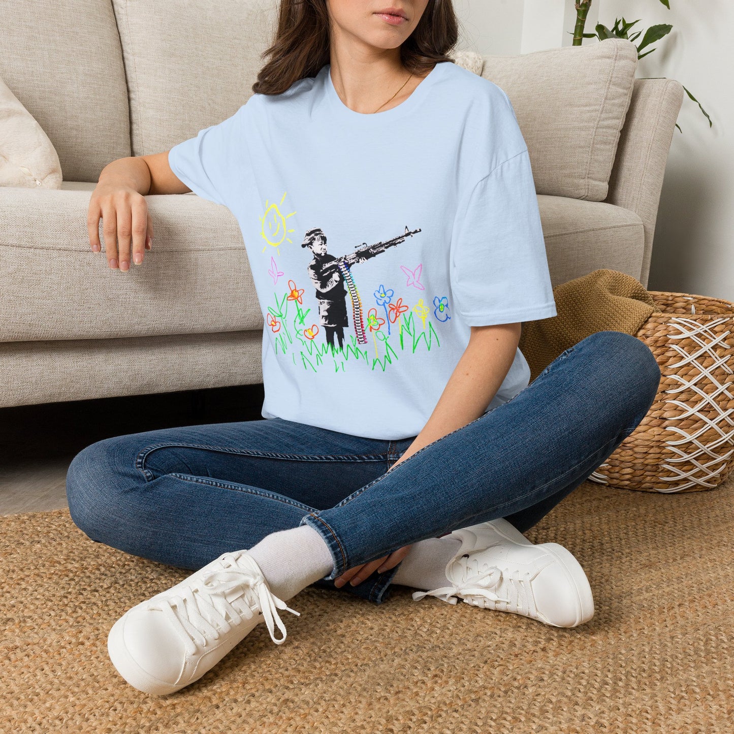 T-Shirt — Banksy Style Soldier with Childlike Doodle Flowers
