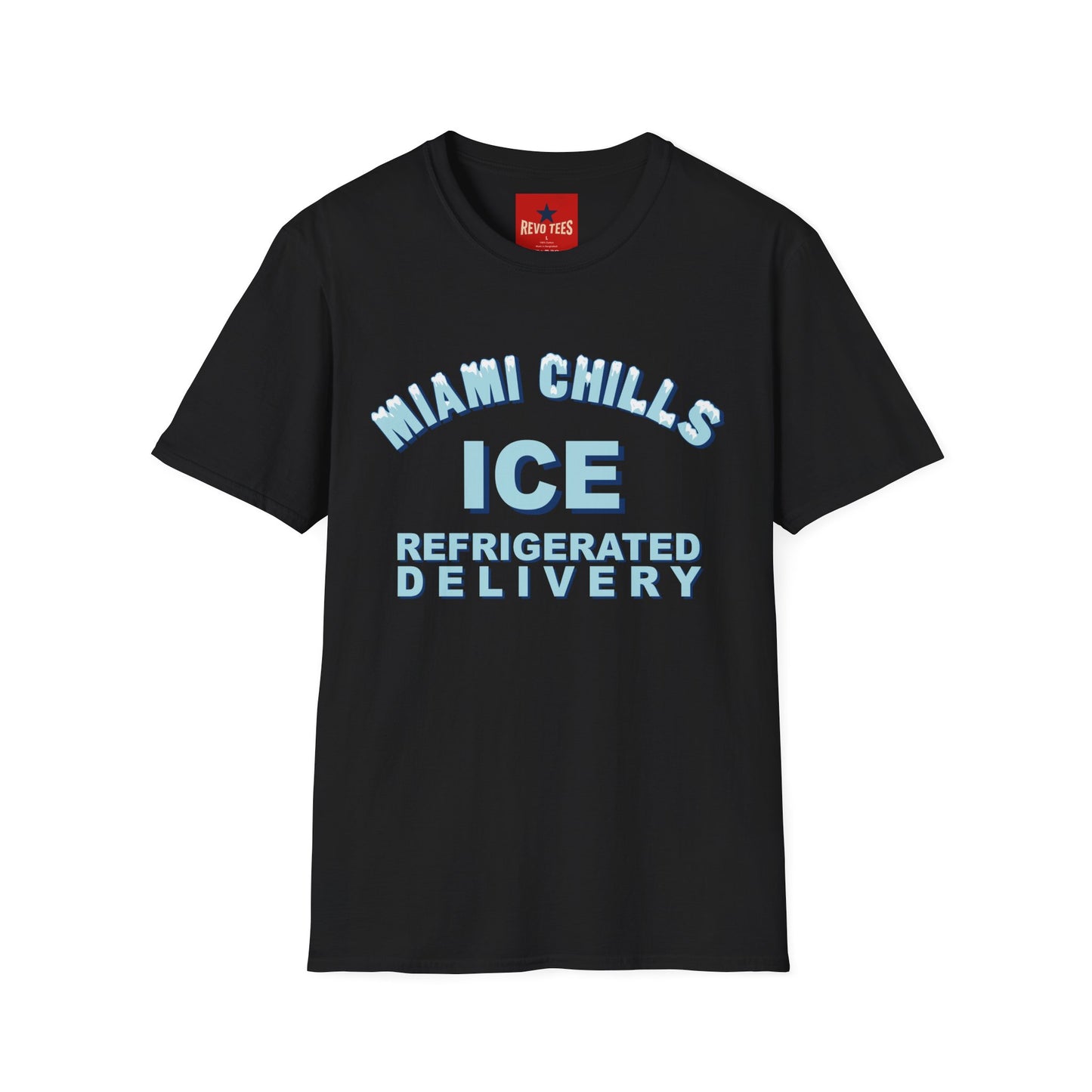 Miami Chills Ice Graphic T-Shirt — Retro Beach Vibes, Refrigerated Delivery Slogan