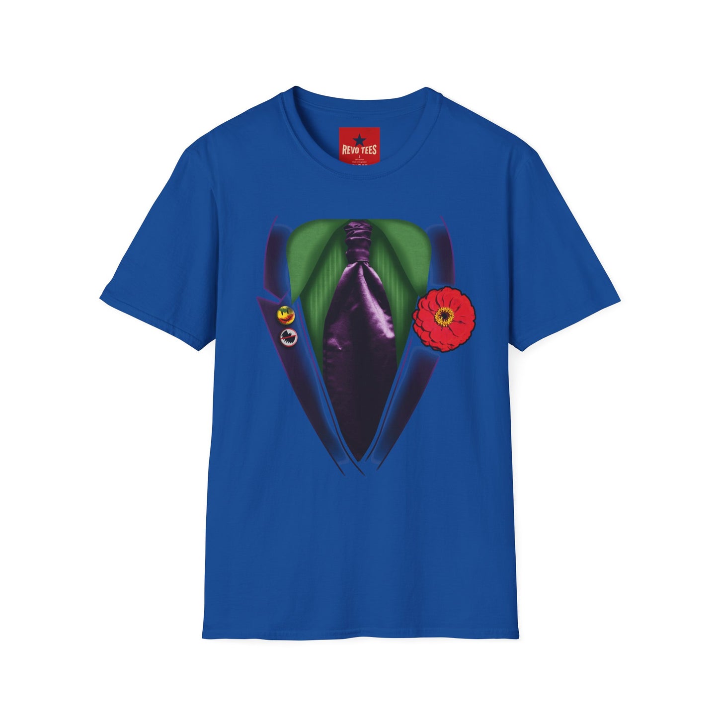 Joker Suit T‑Shirt — Green Vest, Purple Tie & Poppy Graphic Tee