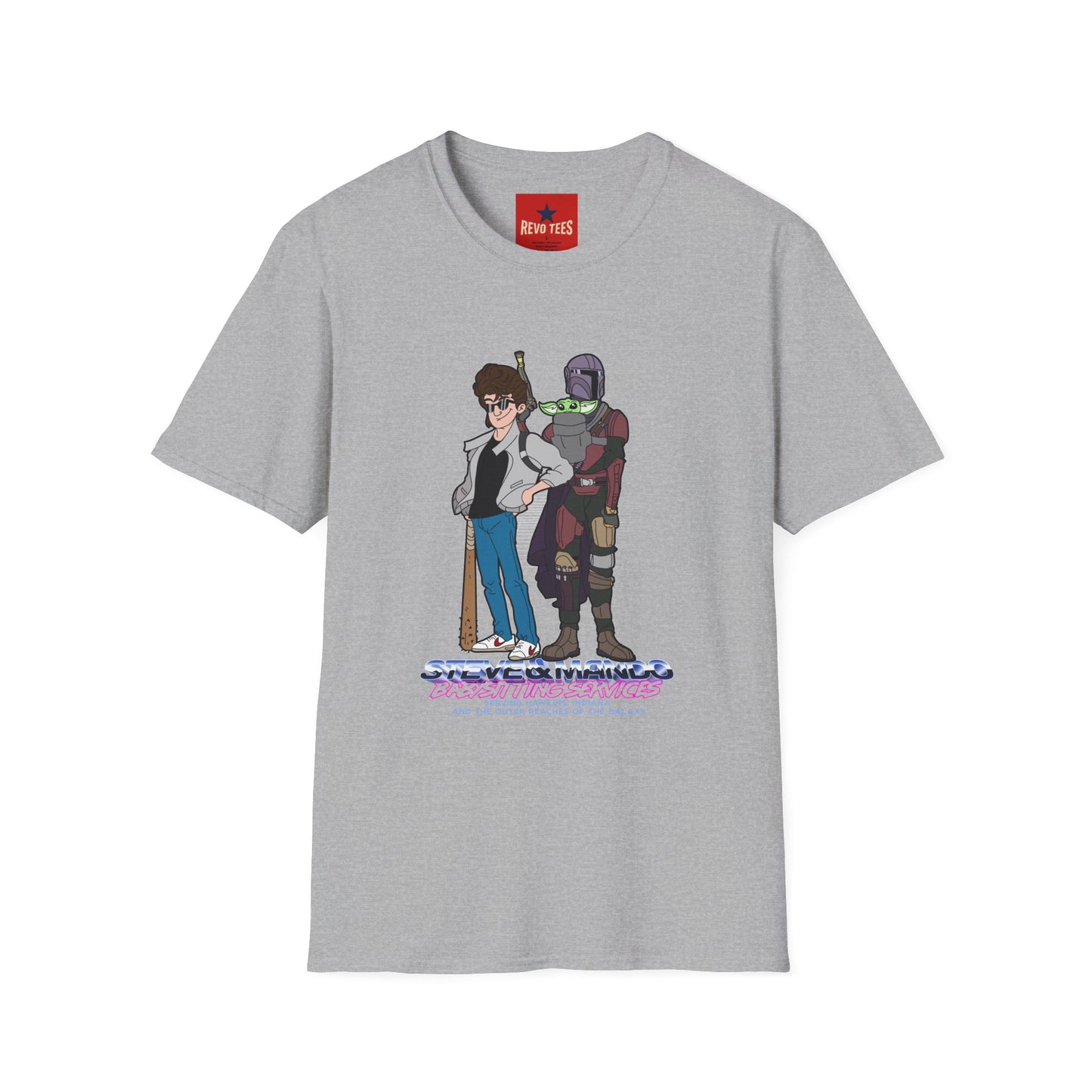 Retro Space Duo T‑Shirt — Cartoon Bounty Hunter & Kid Graphic Tee
