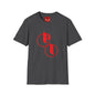 Parker Industries Graphic Tee — Red Circular Monogram Design