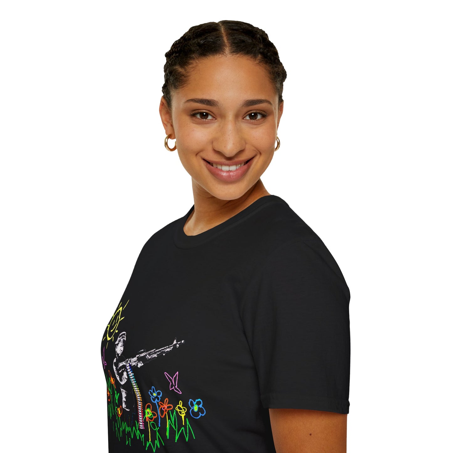 T-Shirt — Banksy Style Soldier with Childlike Doodle Flowers