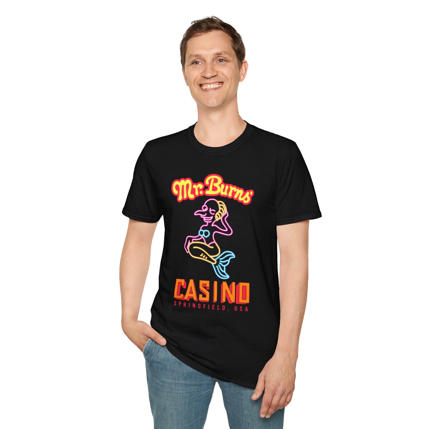 Mr. Burns Casino T-Shirt — Retro Neon Mermaid Resort Tee