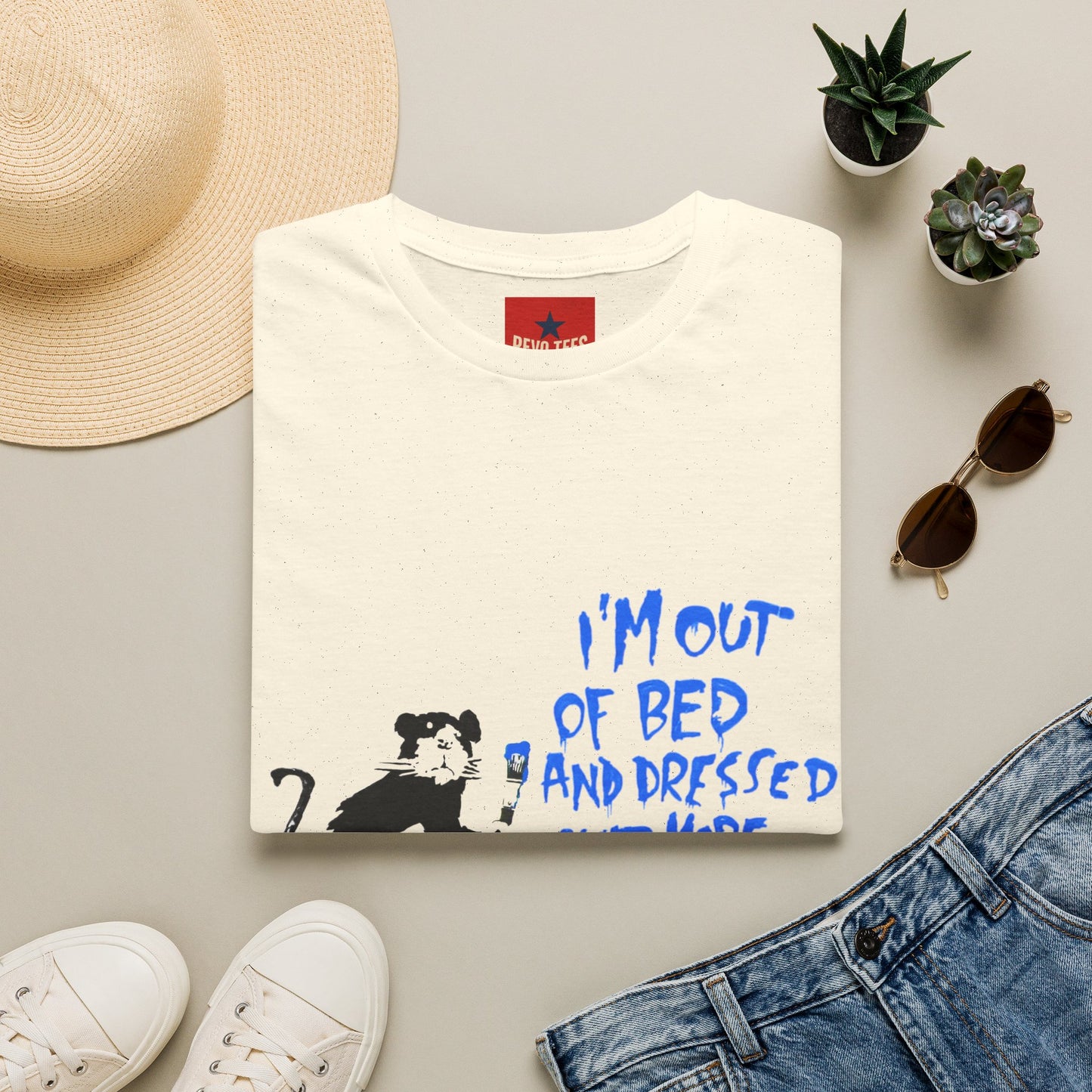 Banksy T-Shirt — 'I’m Out of Bed and Dressed, What More Do You Want?' Rat Graphic Tee