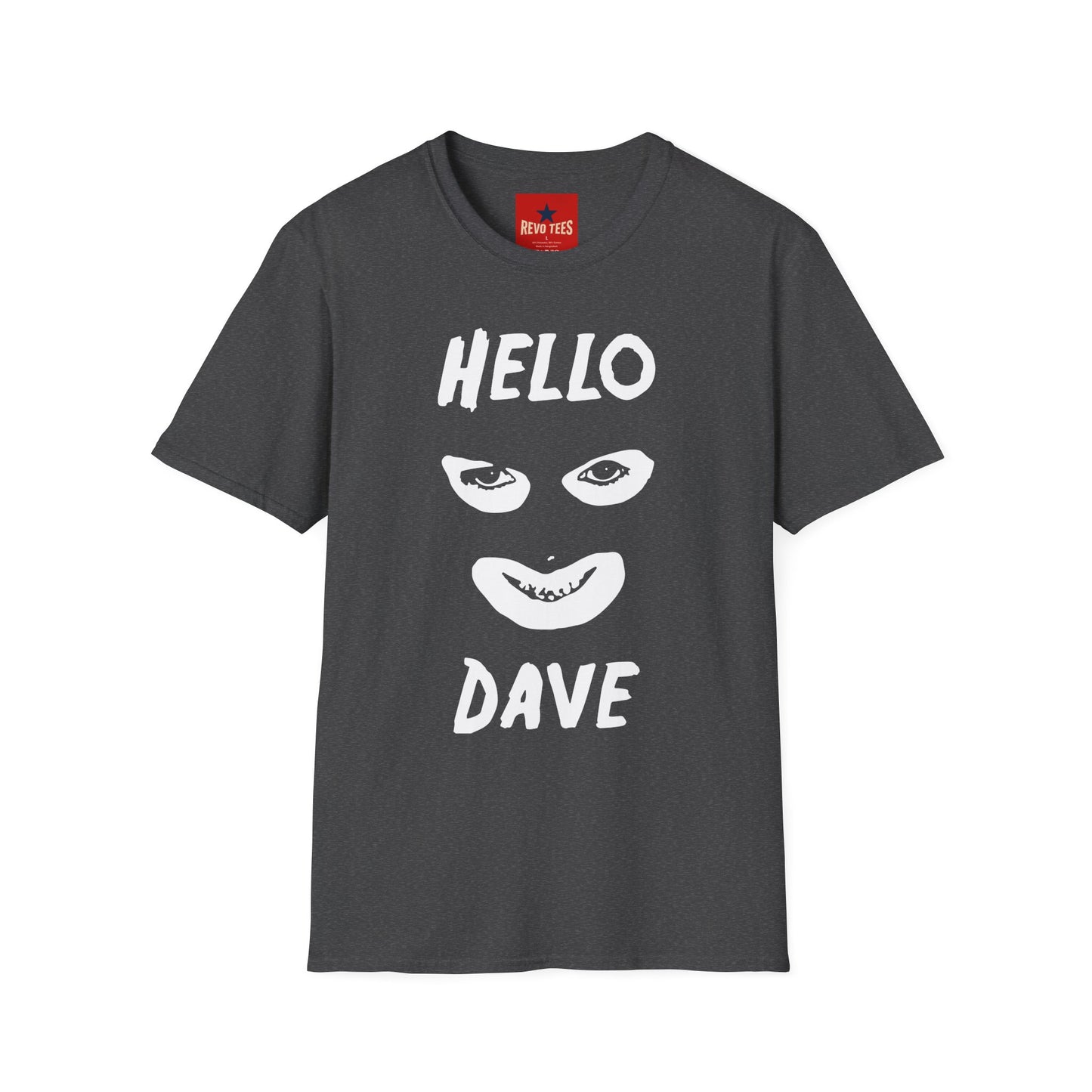 Hello Dave T-Shirt — Black Graphic Tee with Eyes & Smile