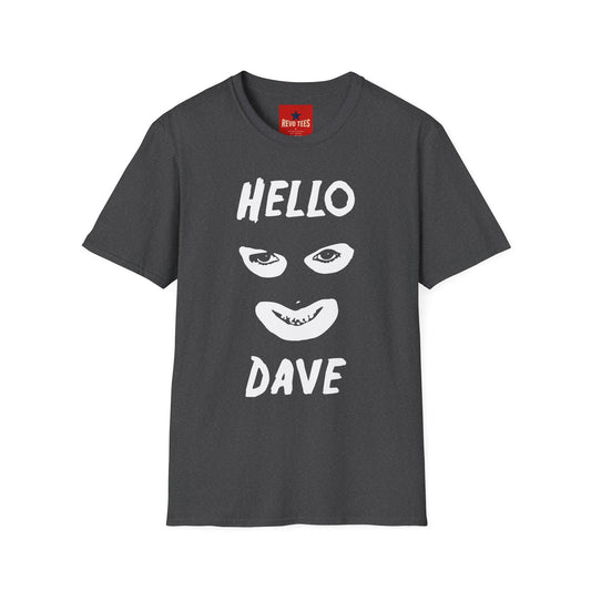 Hello Dave T-Shirt — Black Graphic Tee with Eyes & Smile