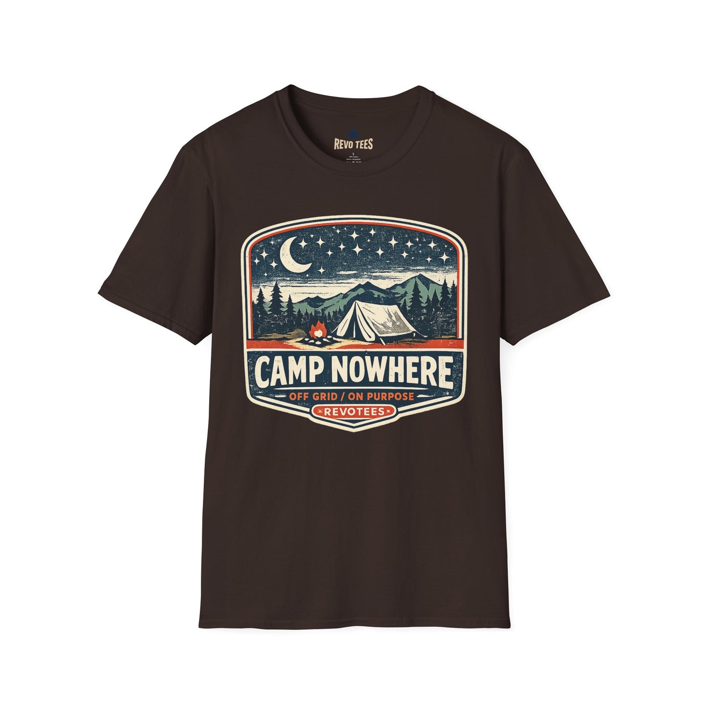 REVOTEES Camp Nowhere Vintage Camping T-Shirt — Starry Night Tent Graphic Tee