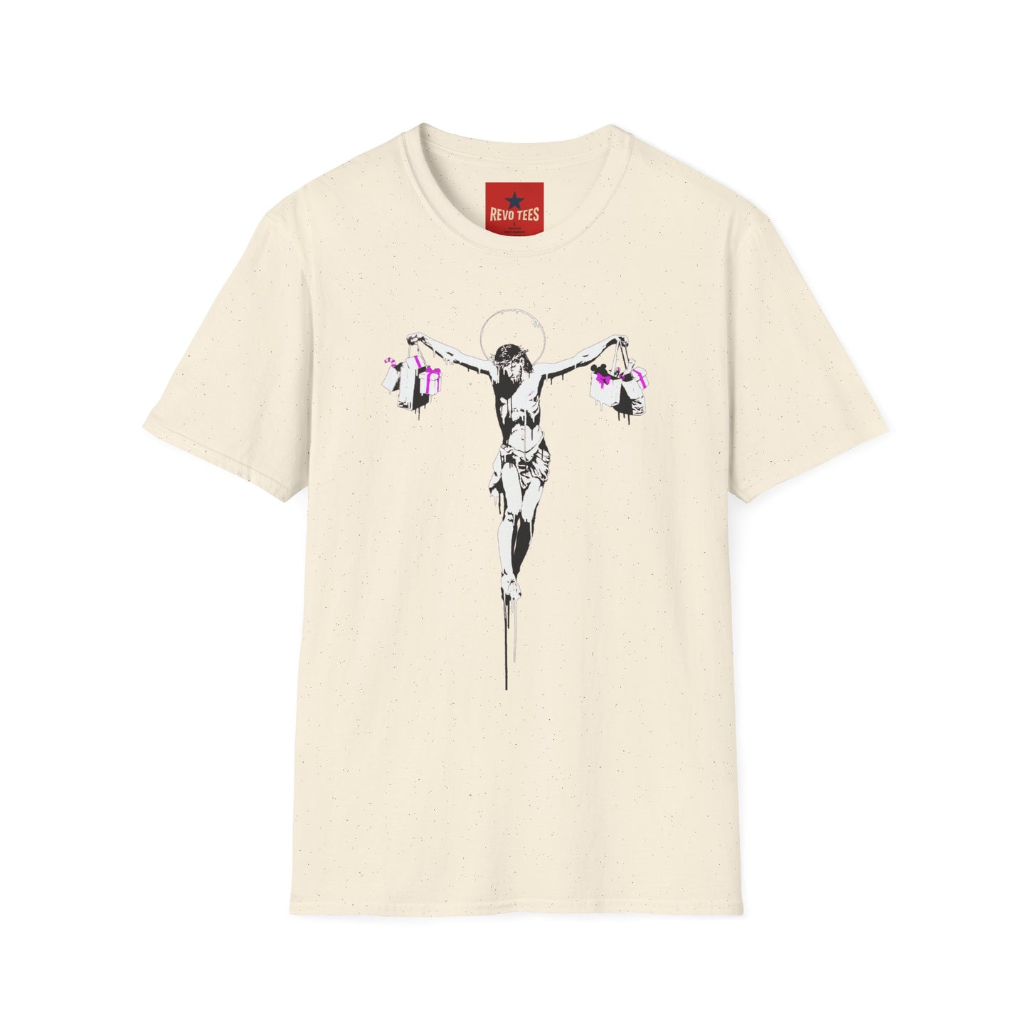 Banksy Crucifixion Balance Tee — Stenciled Jesus Holding Gift Bags Graphic T-Shirt