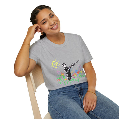 T-Shirt — Banksy Style Soldier with Childlike Doodle Flowers