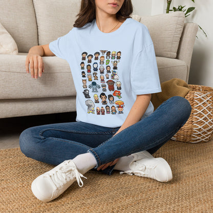 Cute Chibi Characters Crewneck T‑Shirt — Cartoon Character Grid Tee