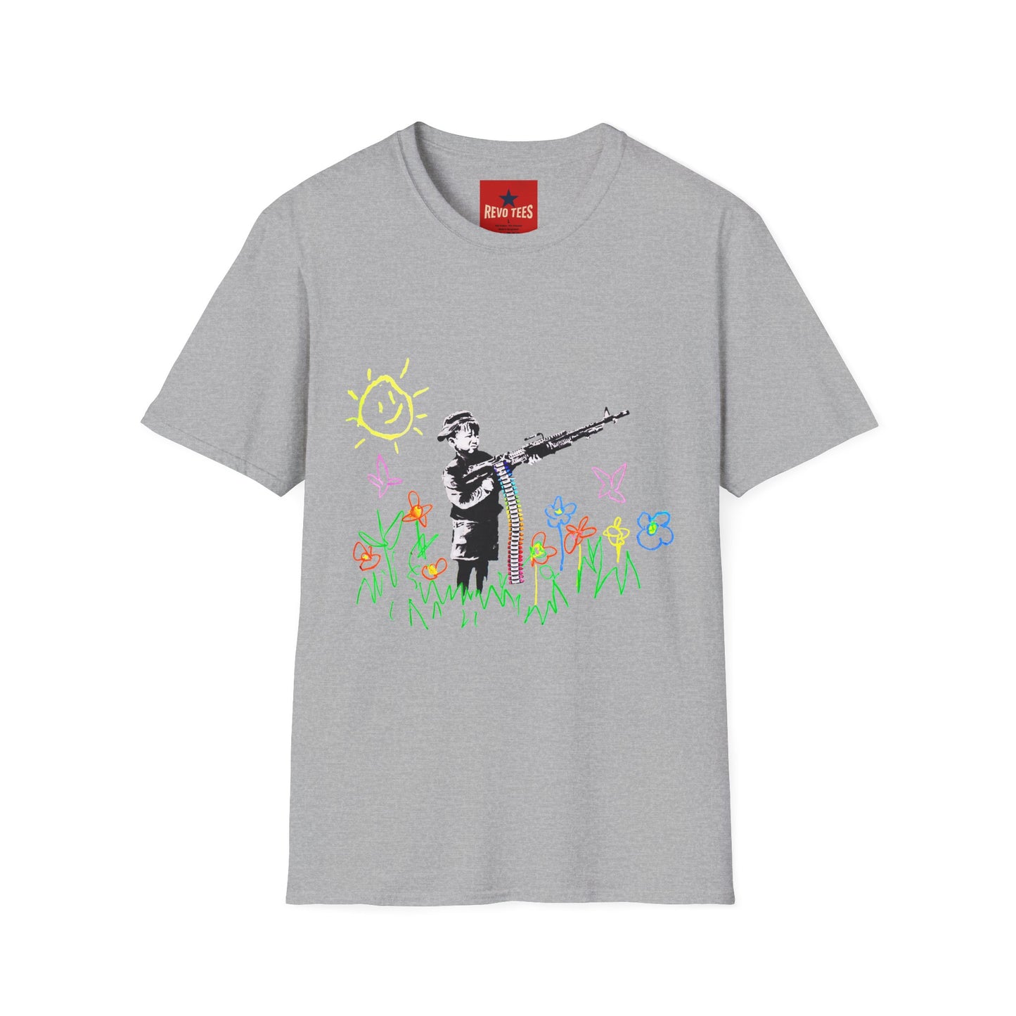 T-Shirt — Banksy Style Soldier with Childlike Doodle Flowers