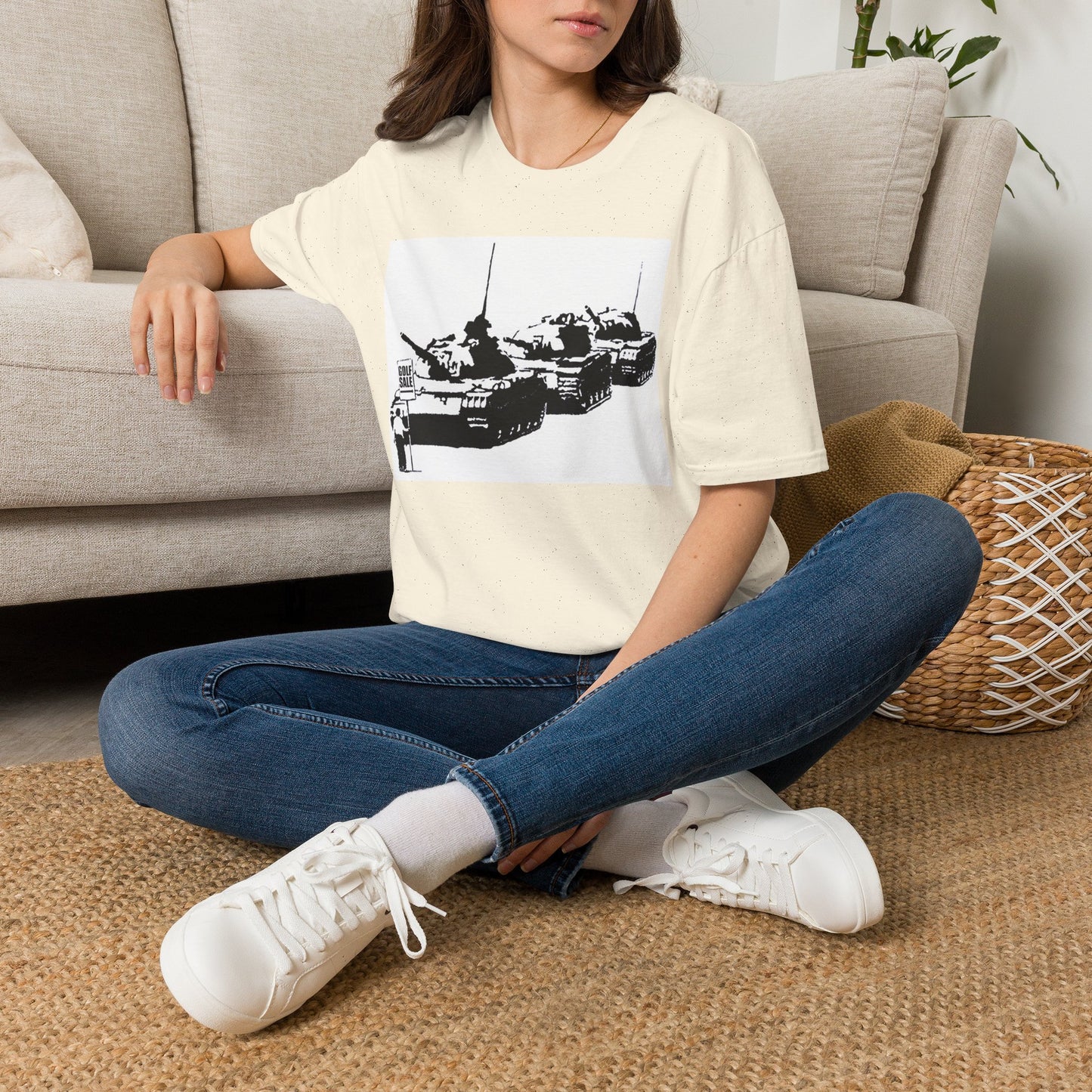Banksy Tank Lineup Graphic T-Shirt — Stencil Military Tanks Design
