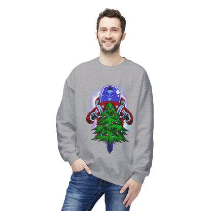 Astronaut Santa Pouncing on a Christmas Tree Crewneck Sweatshirt