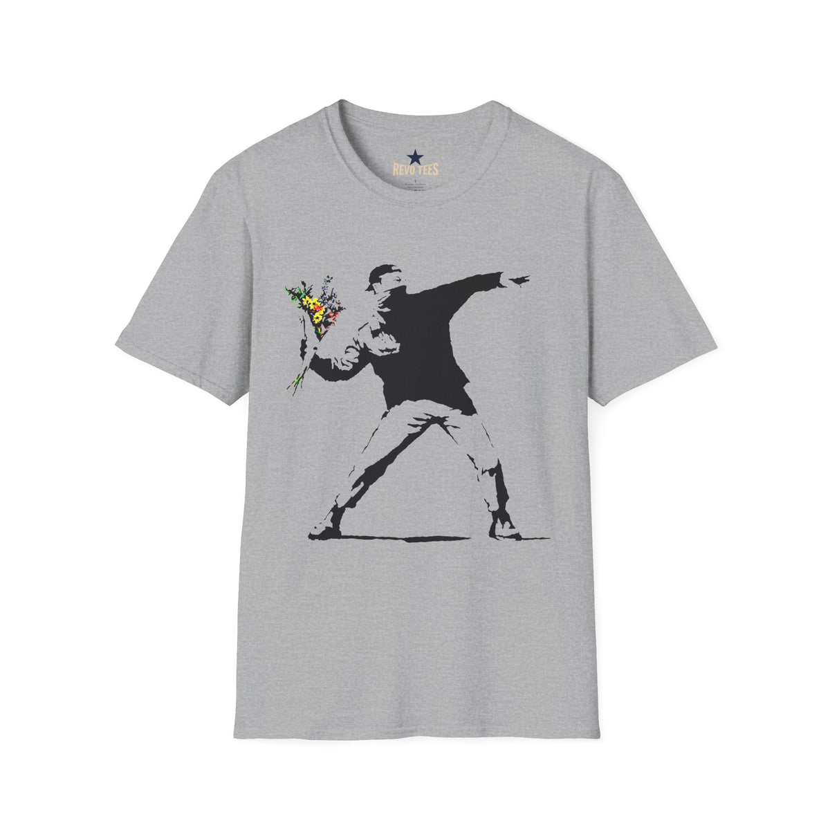 Revotees Banksy Style Flower Bomber Street Art Protest Graphic T-Shirt - alternate view 2