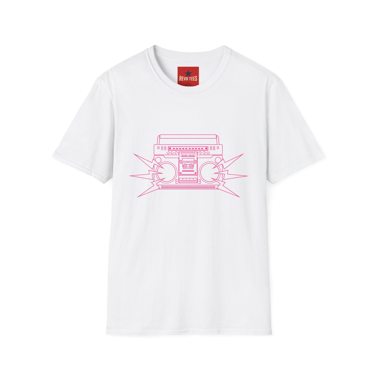 Retro Boombox Tee — Pink Line Art Vintage Radio Graphic T-Shirt