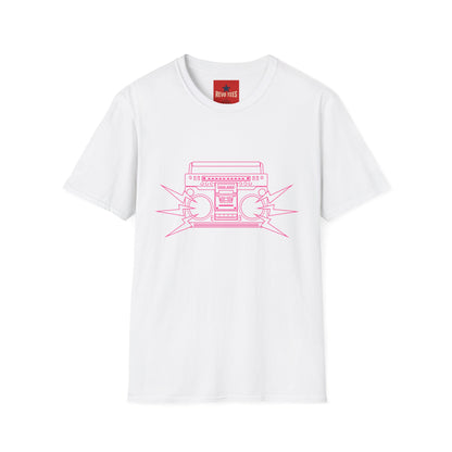 Retro Boombox Tee — Pink Line Art Vintage Radio Graphic T-Shirt