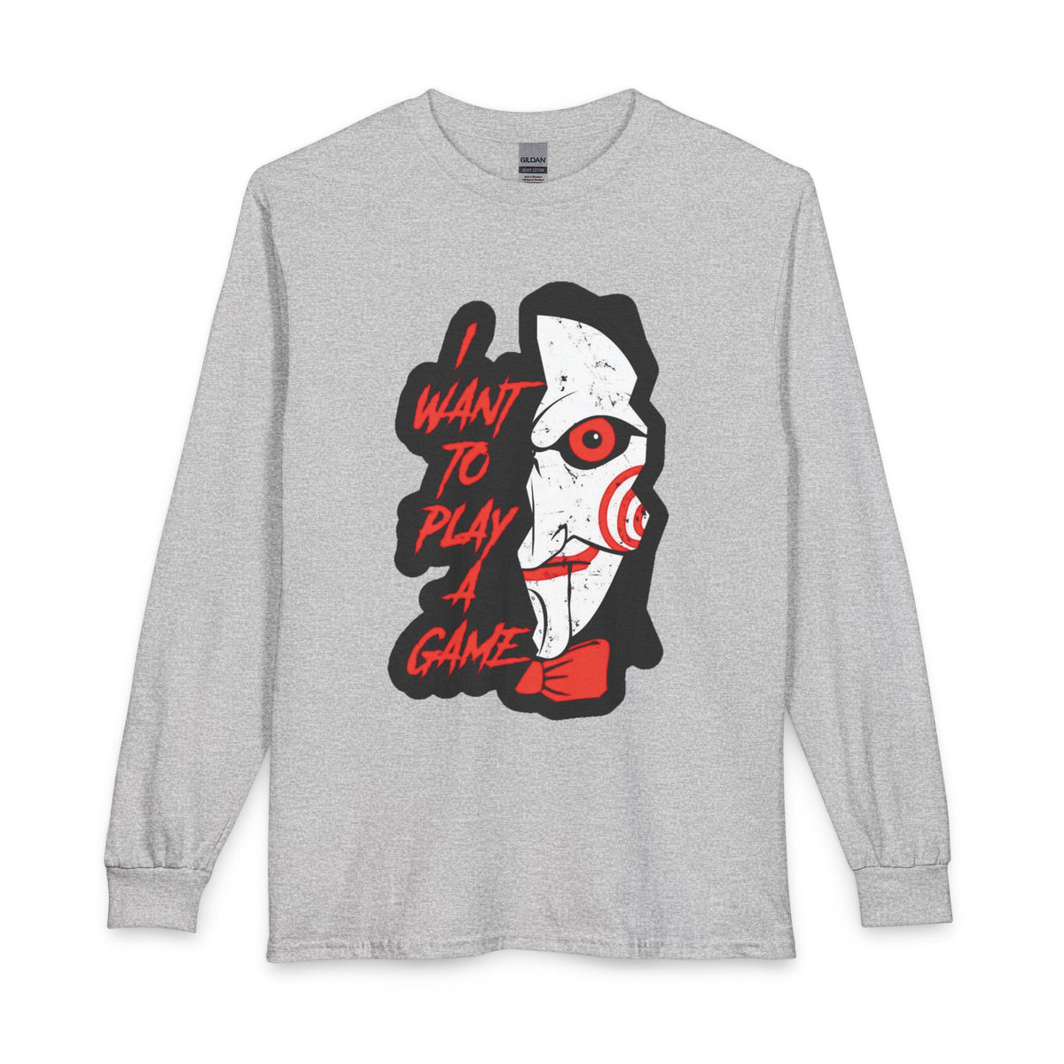 SAW - Horror Movie Long Sleeve Tee — "I Want to Play a Game" Jigsaw Puppet Graphic