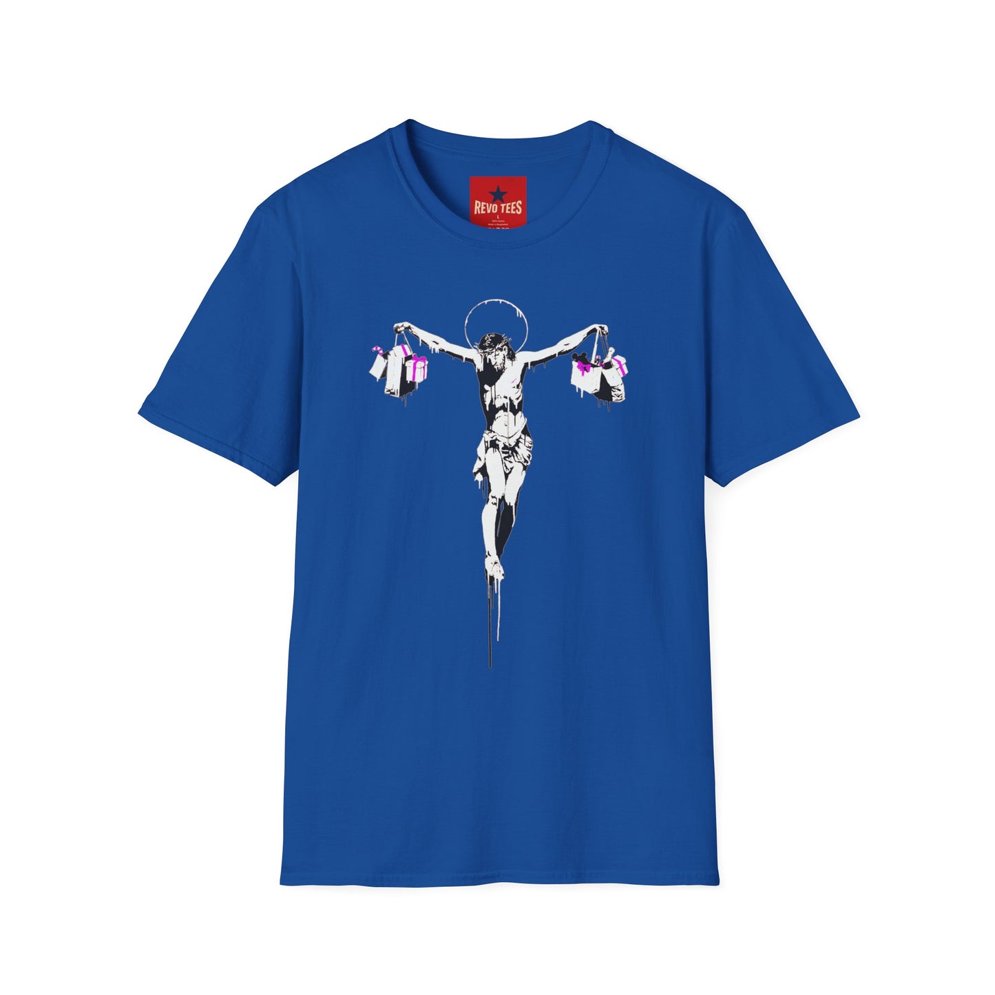 Banksy Crucifixion Balance Tee — Stenciled Jesus Holding Gift Bags Graphic T-Shirt