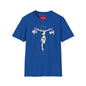 Banksy Crucifixion Balance Tee — Stenciled Jesus Holding Gift Bags Graphic T-Shirt