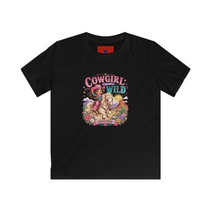 Kids Tee — "Cowgirl at Heart" Colorful Western Graphic (Cowgirl & Wild Print)