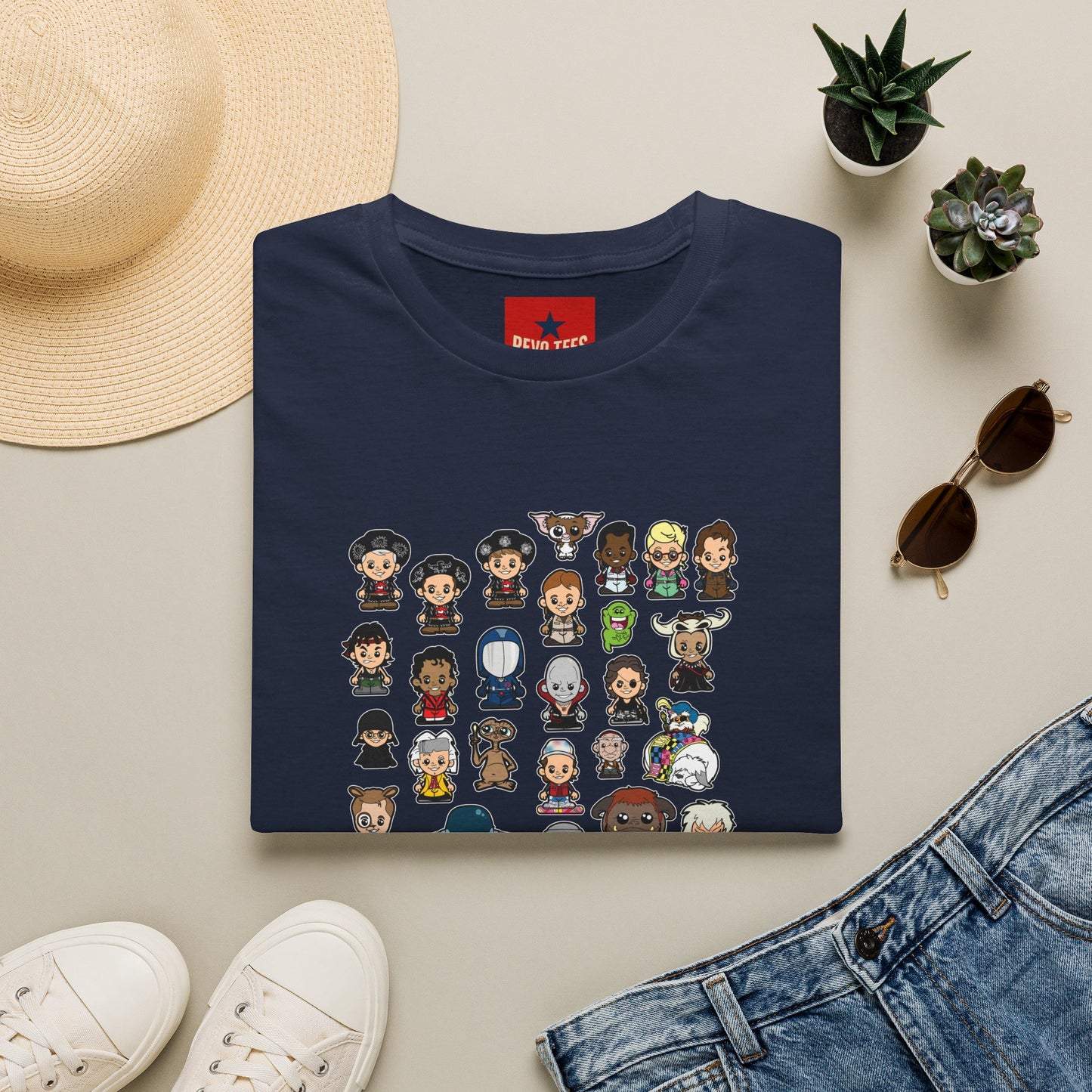 Cute Chibi Characters Crewneck T‑Shirt — Cartoon Character Grid Tee