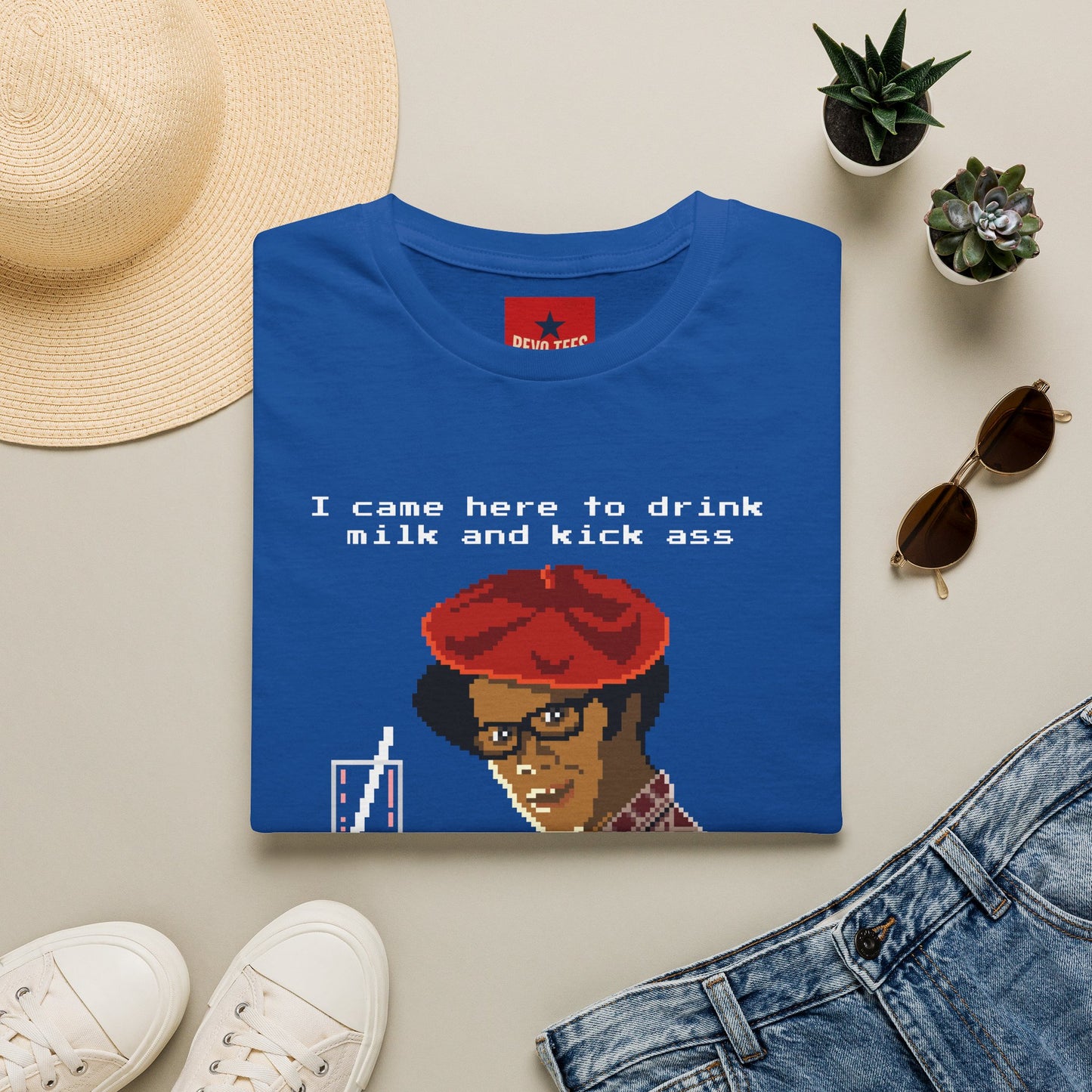Graphic T‑Shirt — "I Came Here to Drink Milk and Kick Ass" Retro Pixel Design