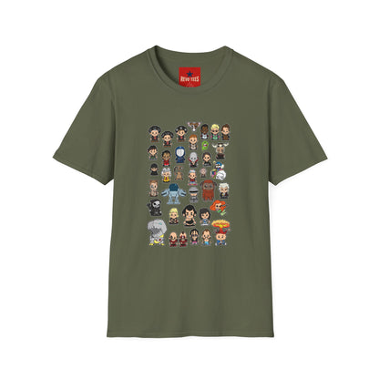 Cute Chibi Characters Crewneck T‑Shirt — Cartoon Character Grid Tee