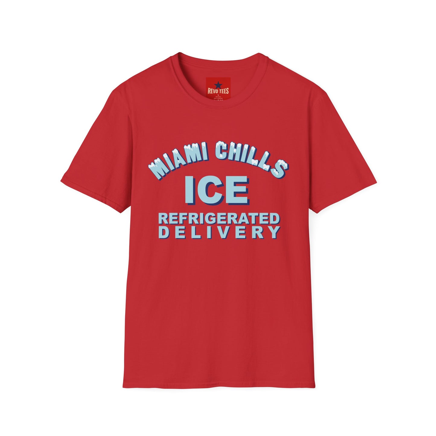 Miami Chills Ice Graphic T-Shirt — Retro Beach Vibes, Refrigerated Delivery Slogan
