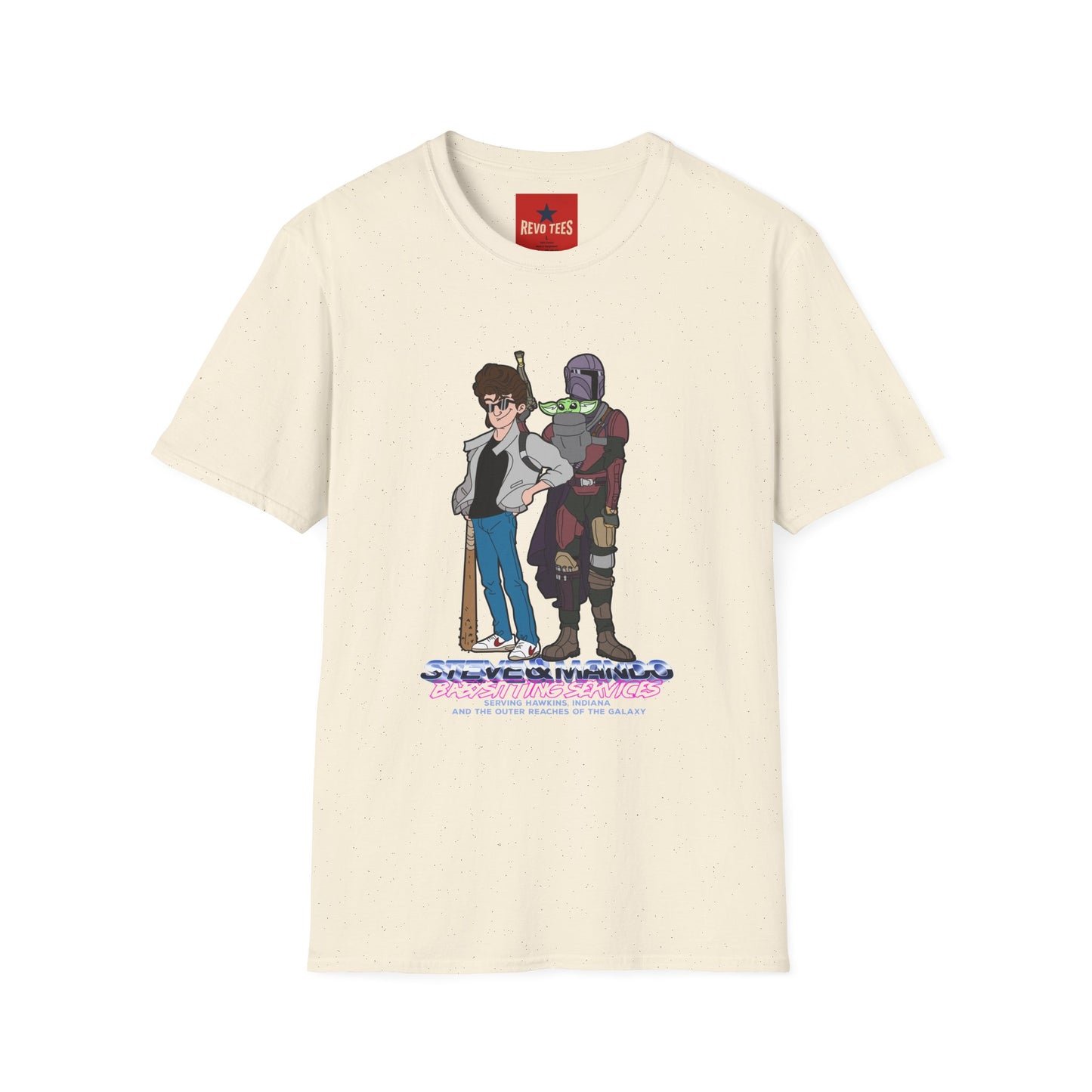 Retro Space Duo T‑Shirt — Cartoon Bounty Hunter & Kid Graphic Tee