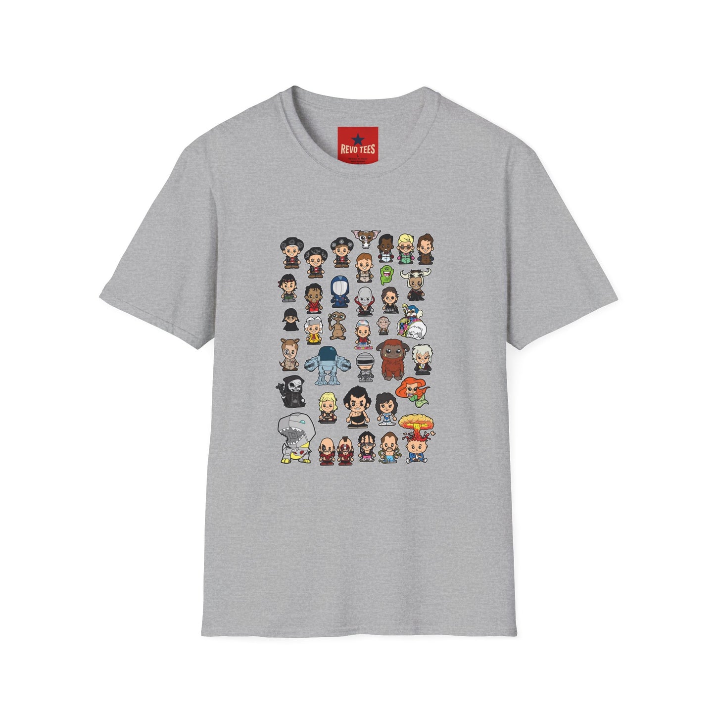 Cute Chibi Characters Crewneck T‑Shirt — Cartoon Character Grid Tee